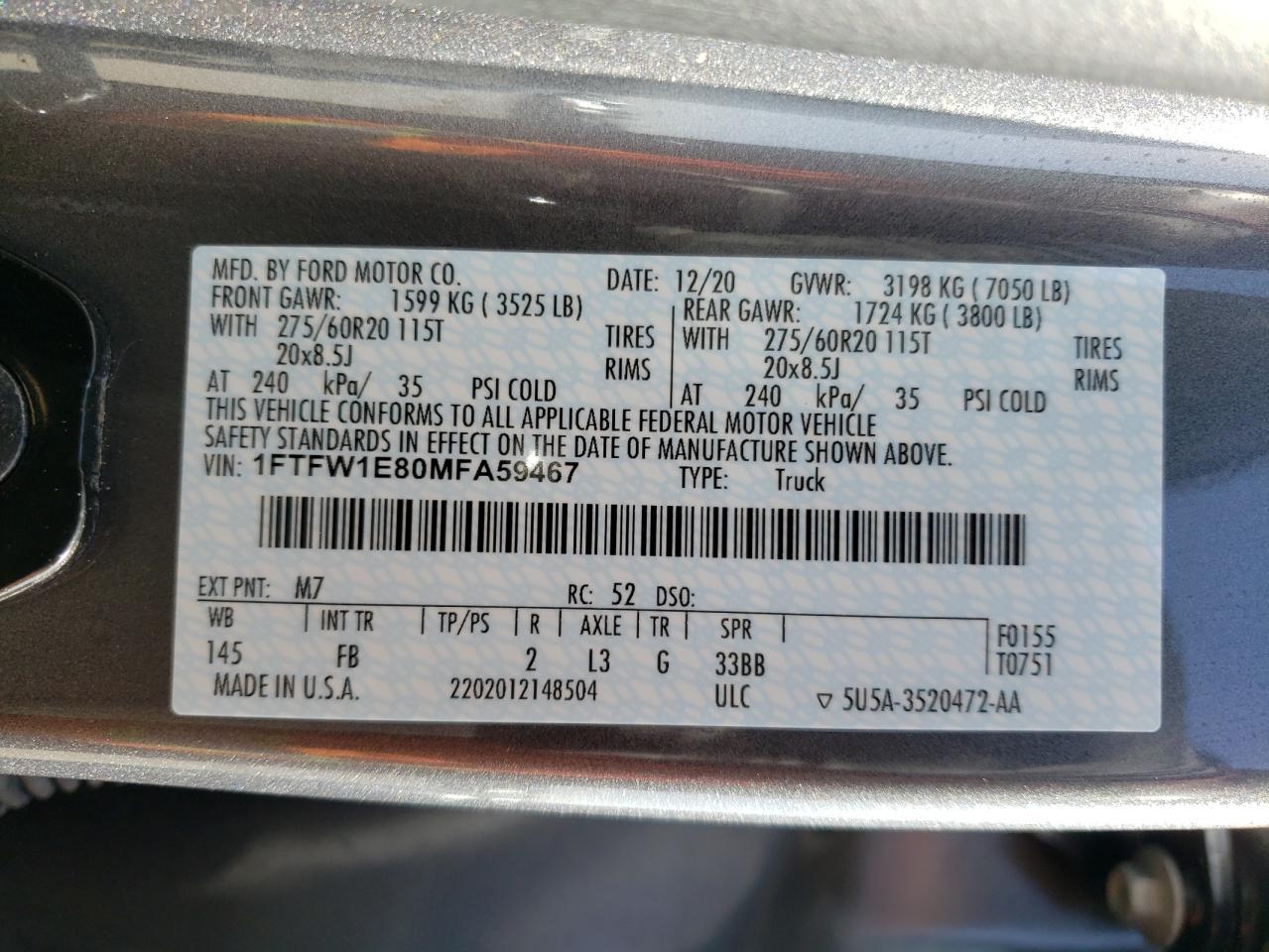 Photo 10 from auction – 2021 FORD F150 SUPER with VIN 1FTFW1E80MFA59467