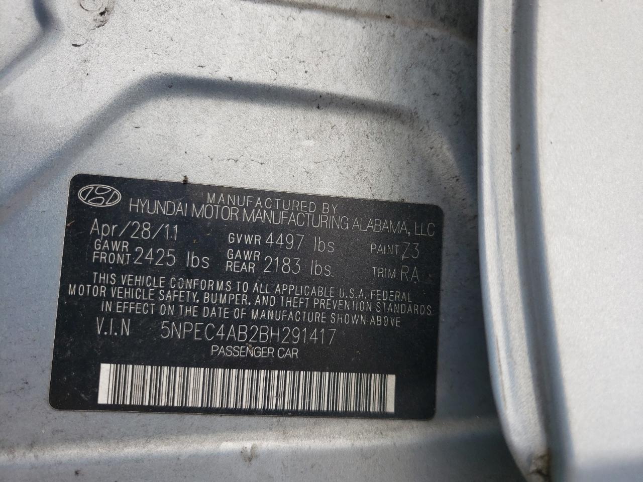 Photo 10 from auction – 2011 HYUNDAI SONATA SE with VIN 5NPEC4AB2BH291417