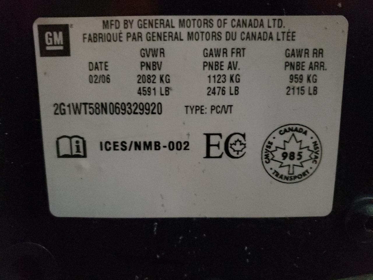 Photo 10 from auction – 2006 CHEVROLET IMPALA LT with VIN 2G1WT58N069329920
