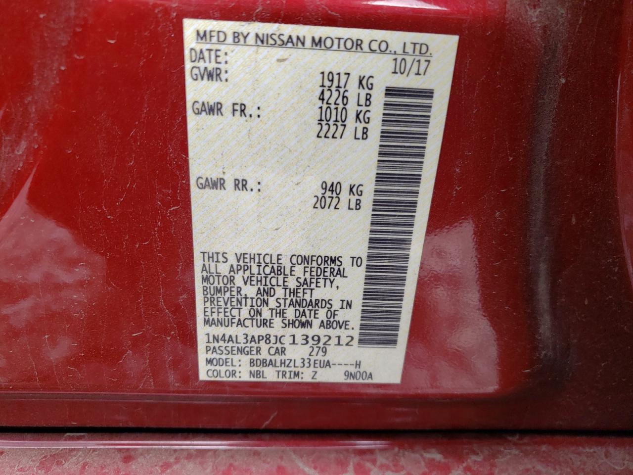 Photo 10 from auction – 2018 NISSAN ALTIMA 2.5 with VIN 1N4AL3AP8JC139212