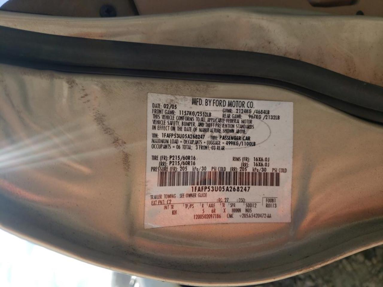 Photo 10 from auction – 2005 FORD TAURUS with VIN 1FAFP53U05A268247