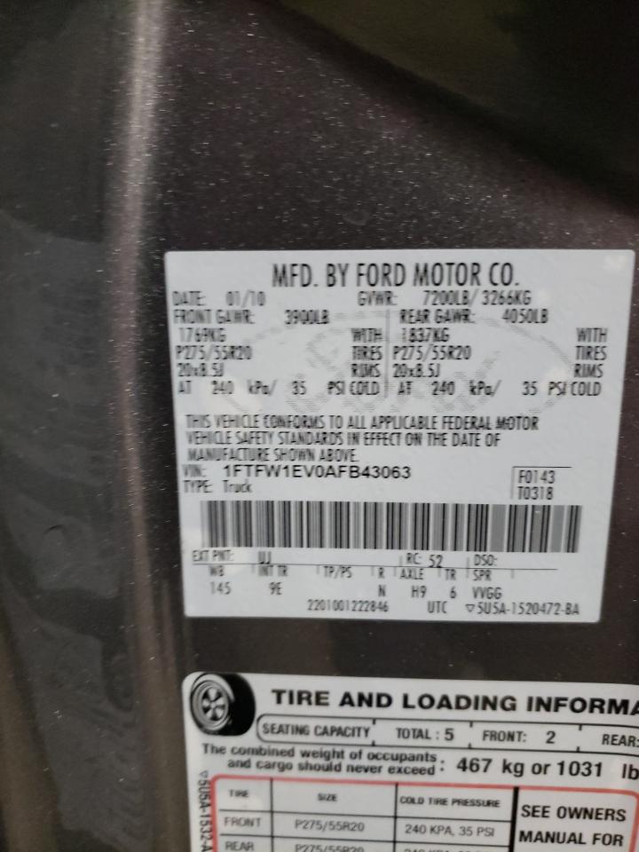 Photo 10 from auction – 2010 FORD F150 SUPER with VIN 1FTFW1EV0AFB43063