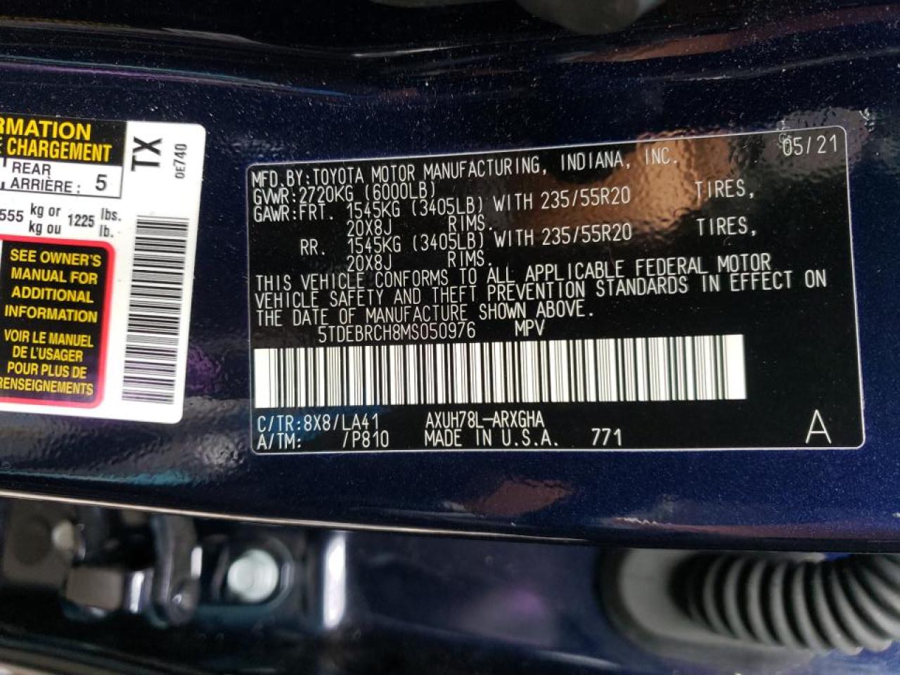Photo 10 from auction – 2021 TOYOTA HIGHLANDER with VIN 5TDEBRCH8MS050976