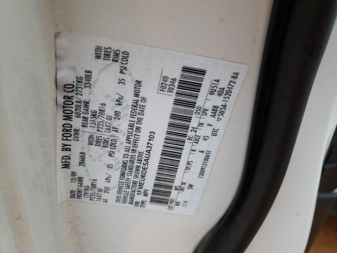 Photo 10 from auction – 2010 FORD EXPLORER X with VIN 1FMEU6DE5AUA37103