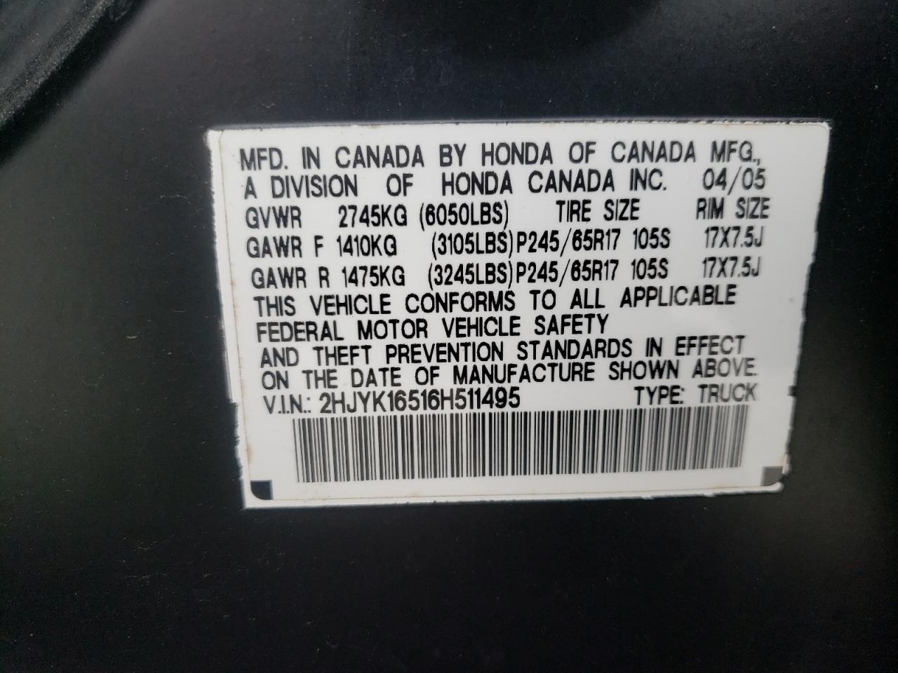 Photo 10 from auction – 2006 HONDA RIDGELINE with VIN 2HJYK16516H511495