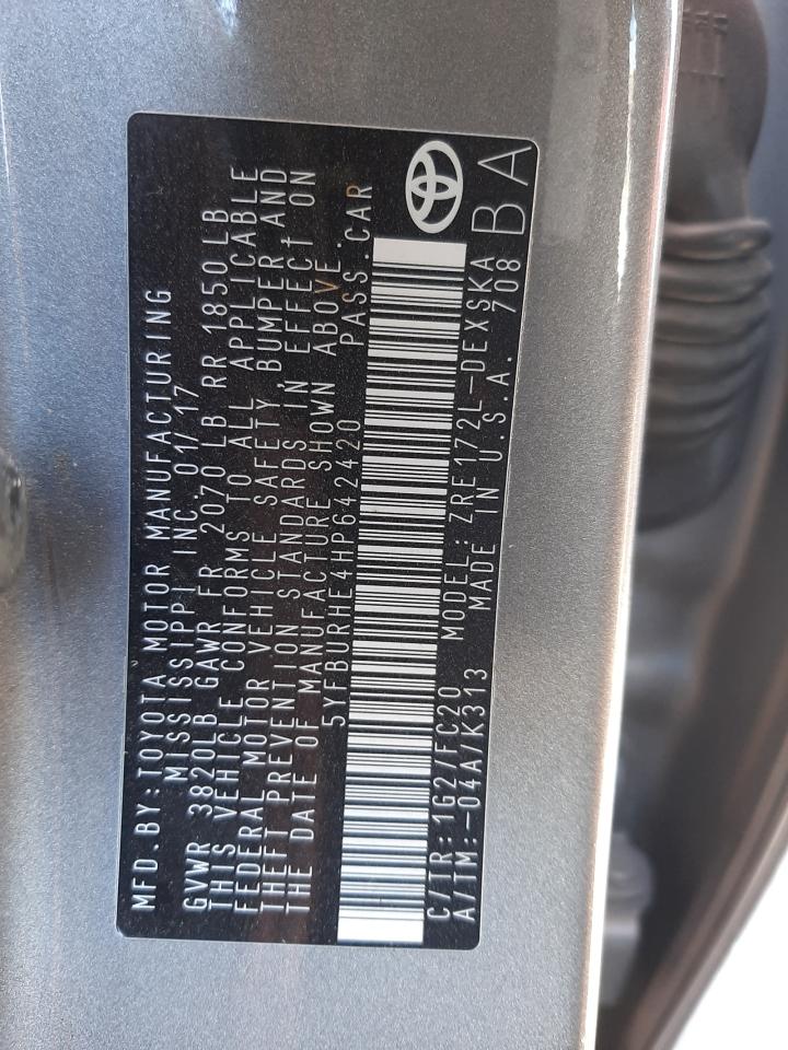 Photo 10 from auction – 2017 TOYOTA COROLLA L with VIN 5YFBURHE4HP642420