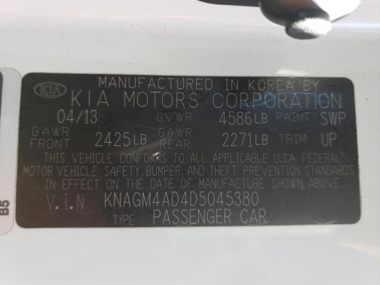 Photo 10 from auction – 2013 KIA OPTIMA HYB with VIN KNAGM4AD4D5045380