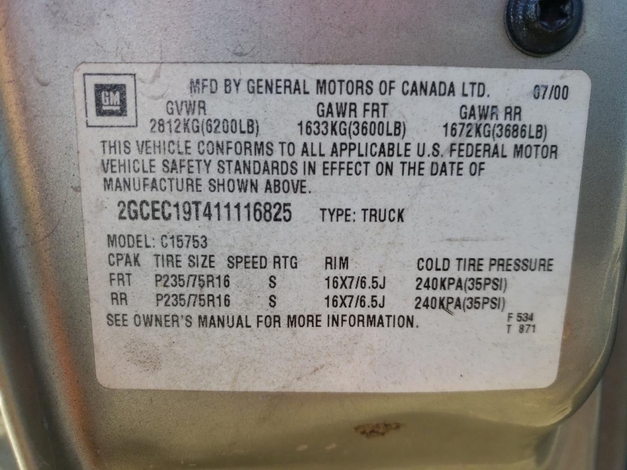 Photo 10 from auction – 2001 CHEVROLET SILVERADO with VIN 2GCEC19T411116825