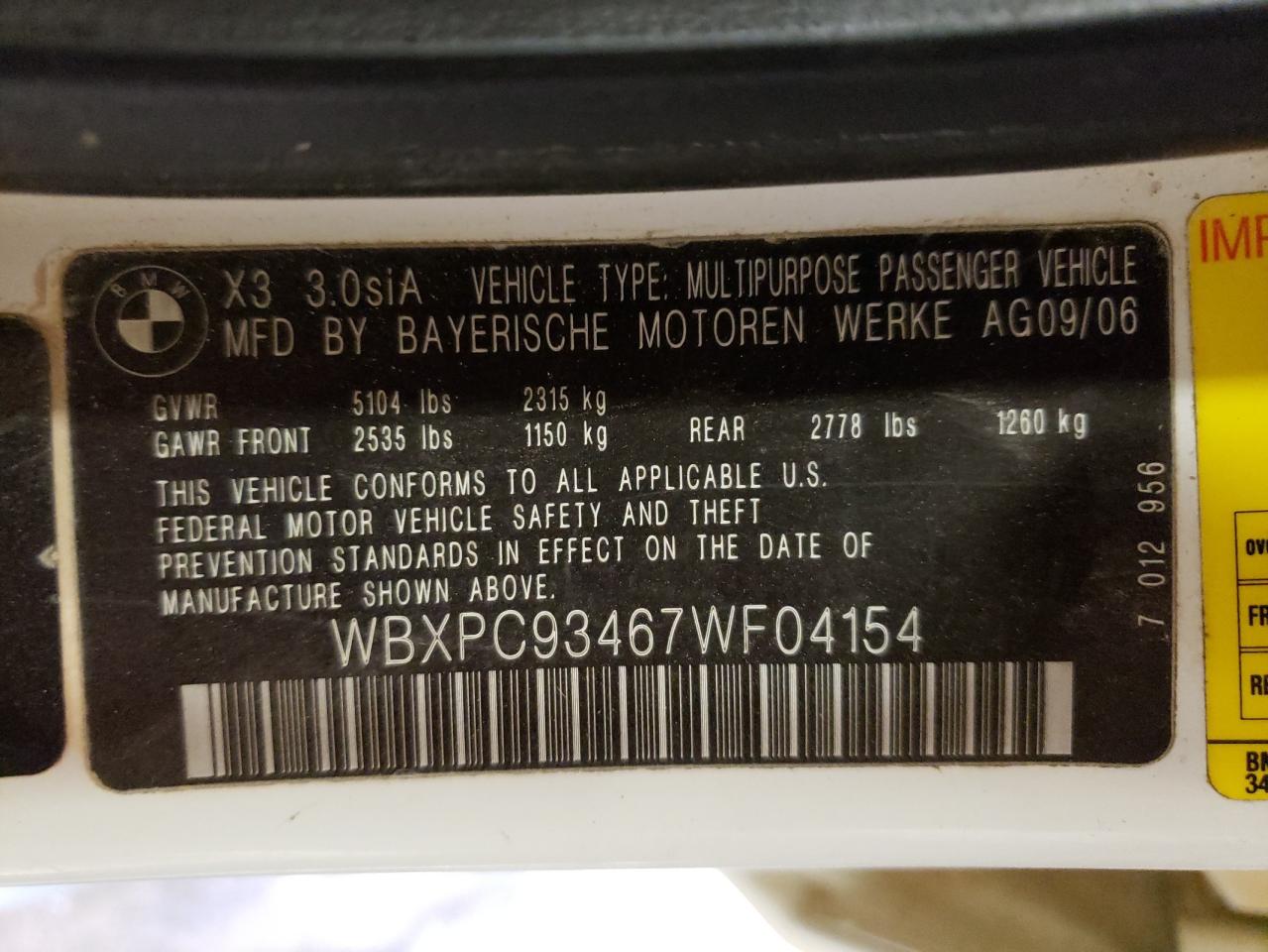 Photo 10 from auction – 2007 BMW X3 3.0SI with VIN WBXPC93467WF04154
