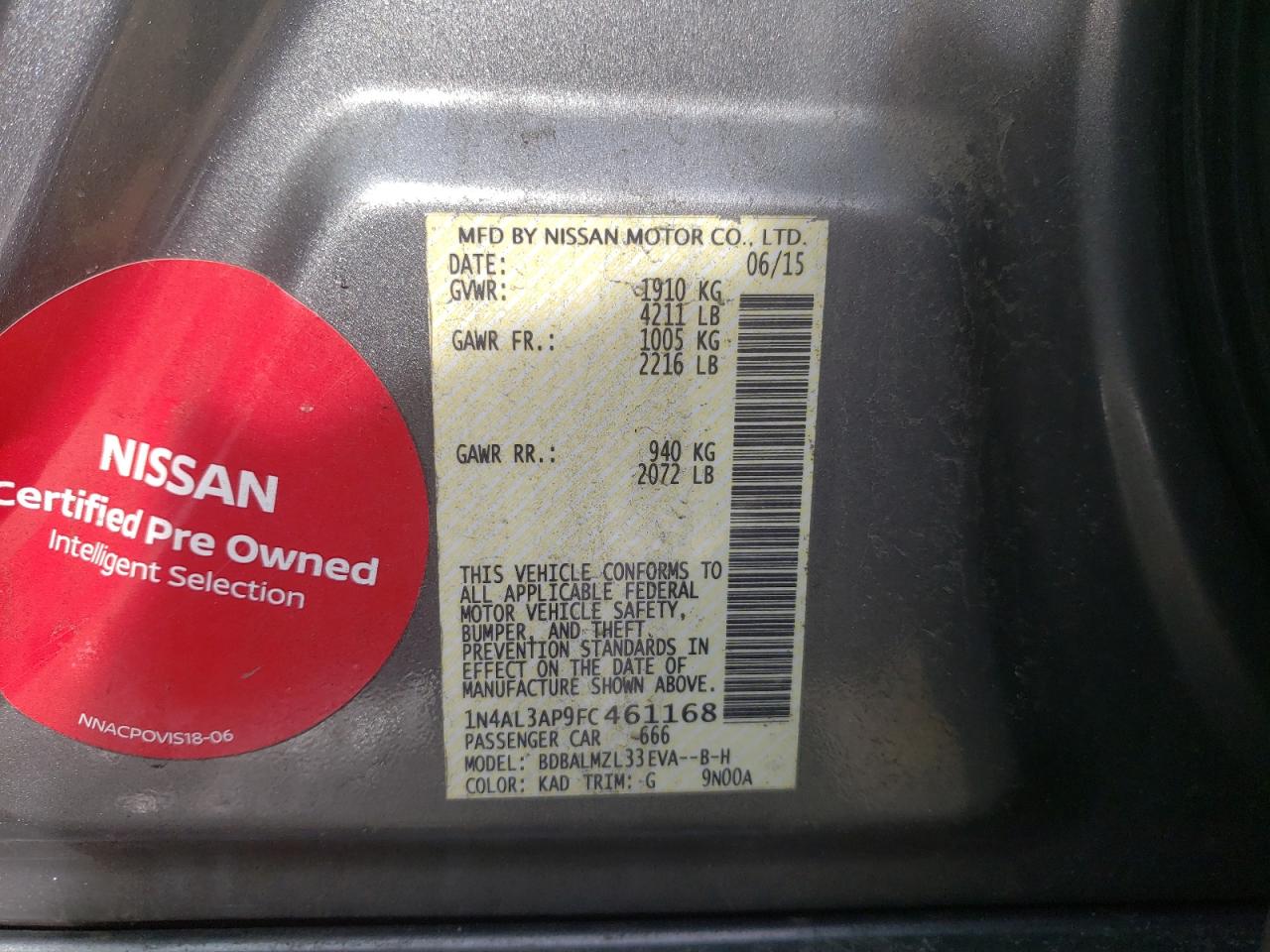 Photo 10 from auction – 2015 NISSAN ALTIMA 2.5 with VIN 1N4AL3AP9FC461168