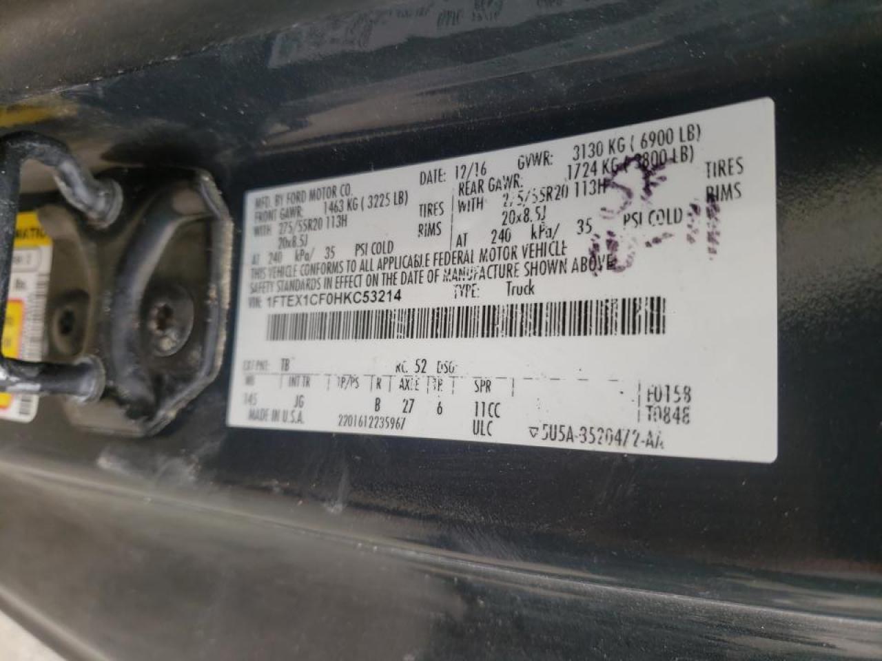 Photo 10 from auction – 2017 FORD F150 SUPER with VIN 1FTEX1CF0HKC53214