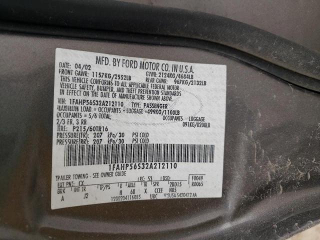 Photo 10 from auction – 2002 FORD TAURUS SEL with VIN 1FAHP56S32A212110