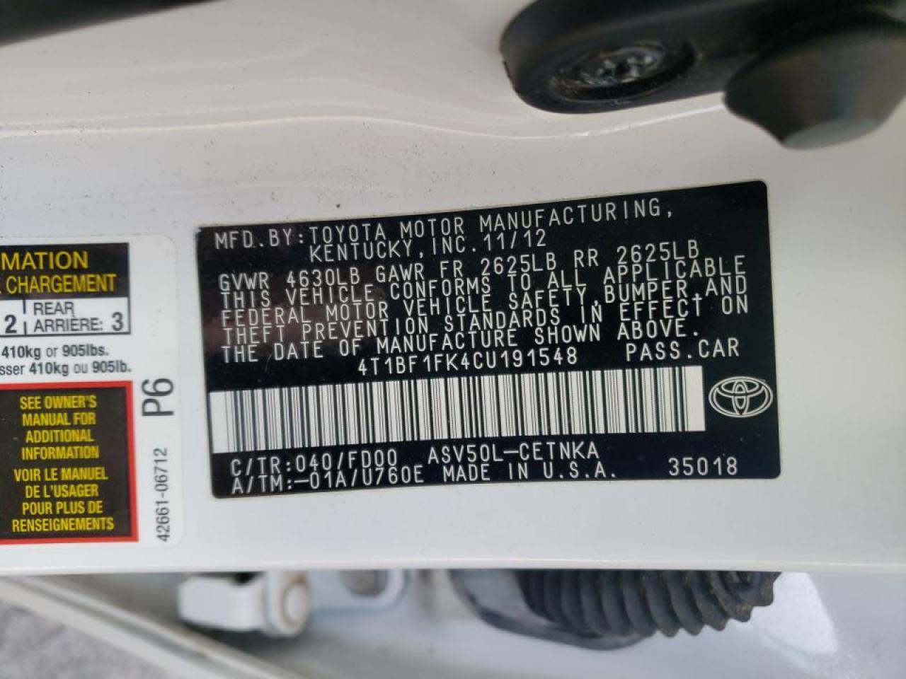 Photo 10 from auction – 2012 TOYOTA CAMRY BASE with VIN 4T1BF1FK4CU191548