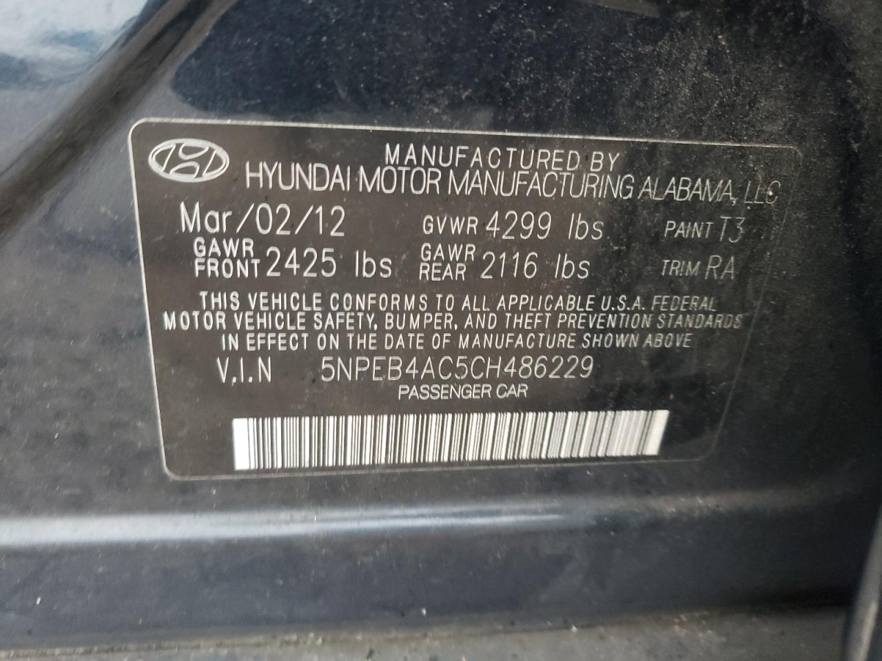 Photo 10 from auction – 2012 HYUNDAI SONATA GLS with VIN 5NPEB4AC5CH486229