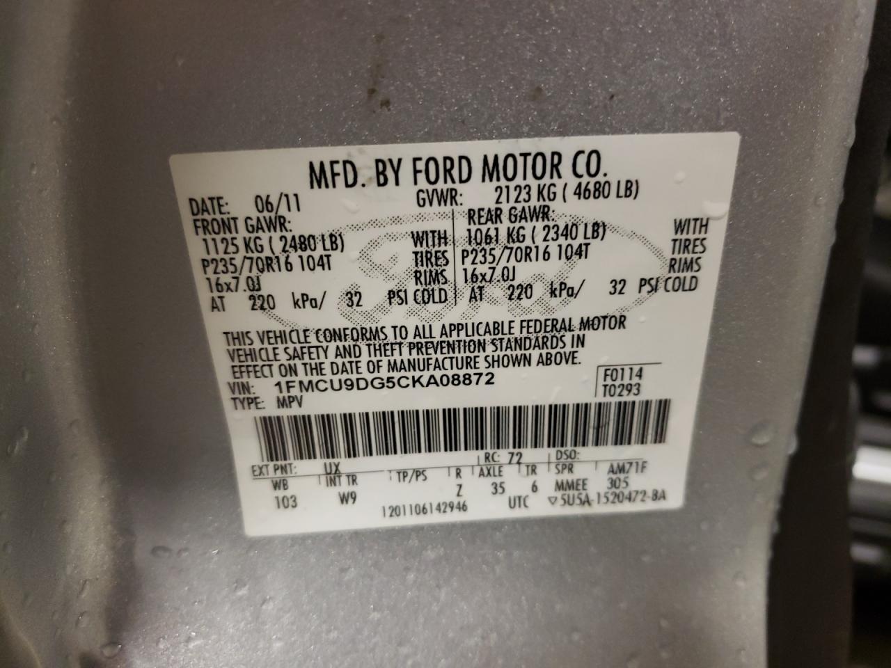 Photo 10 from auction – 2012 FORD ESCAPE XLT with VIN 1FMCU9DG5CKA08872