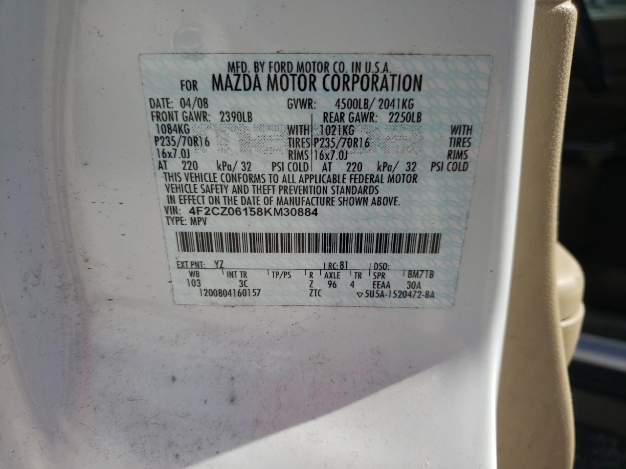 Photo 10 from auction – 2008 MAZDA TRIBUTE S with VIN 4F2CZ06158KM30884