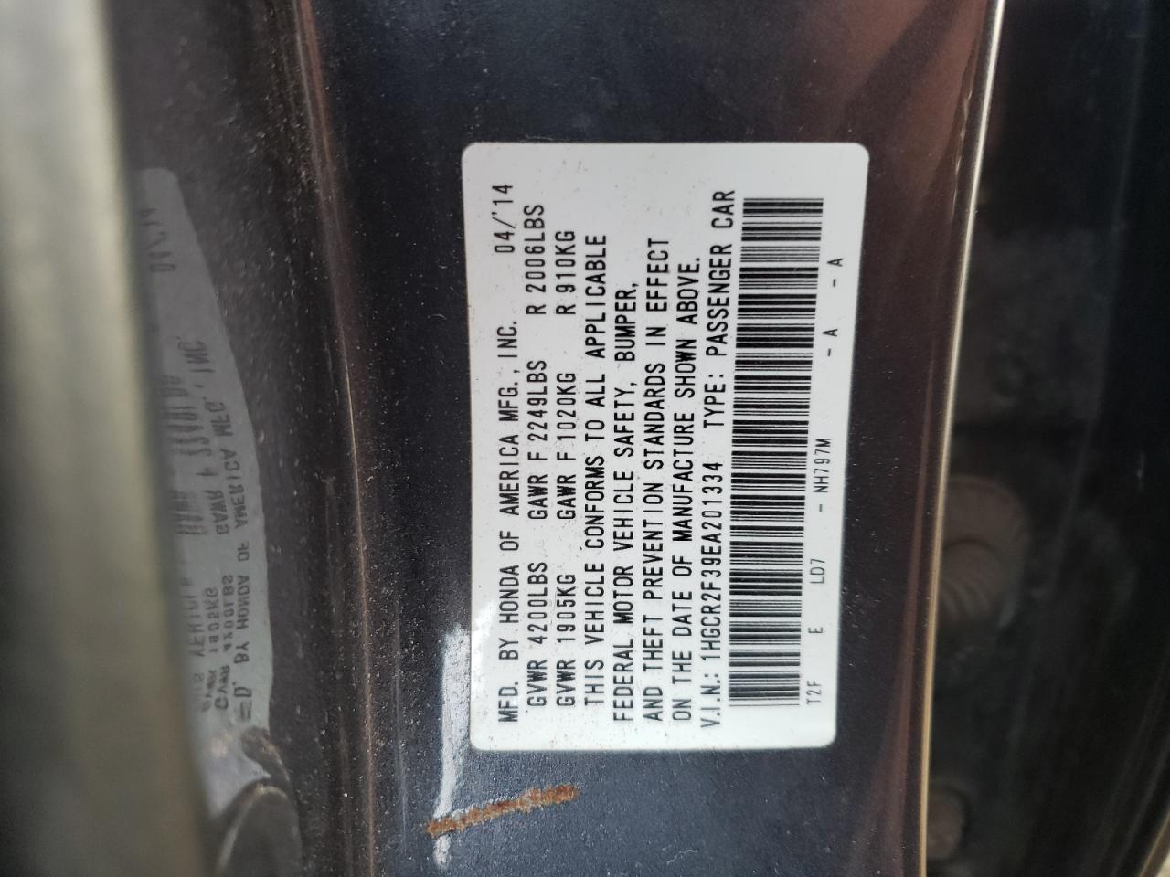 Photo 10 from auction – 2014 HONDA ACCORD LX with VIN 1HGCR2F39EA201334