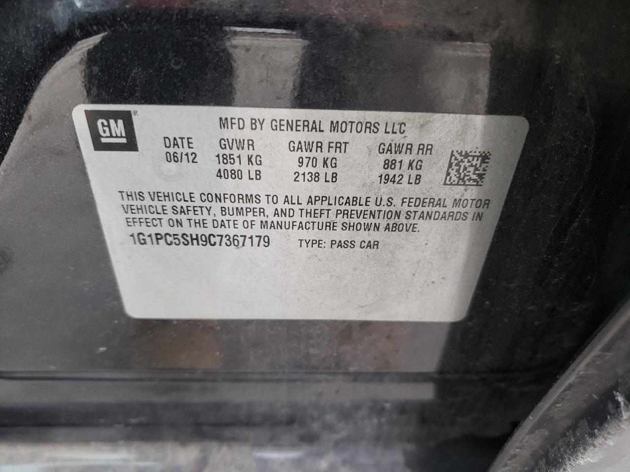 Photo 10 from auction – 2012 CHEVROLET CRUZE LS with VIN 1G1PC5SH9C7367179