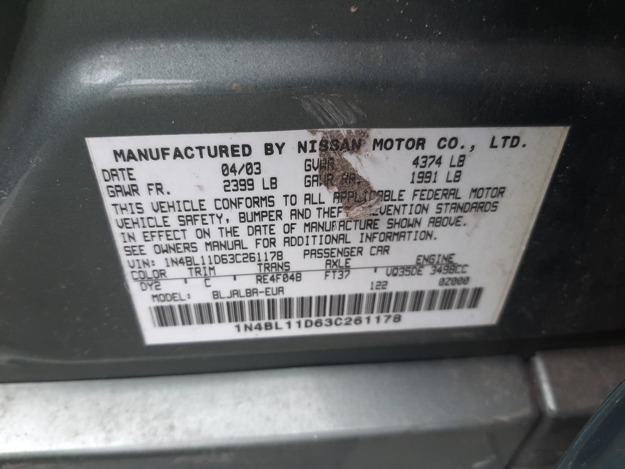 Photo 10 from auction – 2003 NISSAN ALTIMA SE with VIN 1N4BL11D63C261178