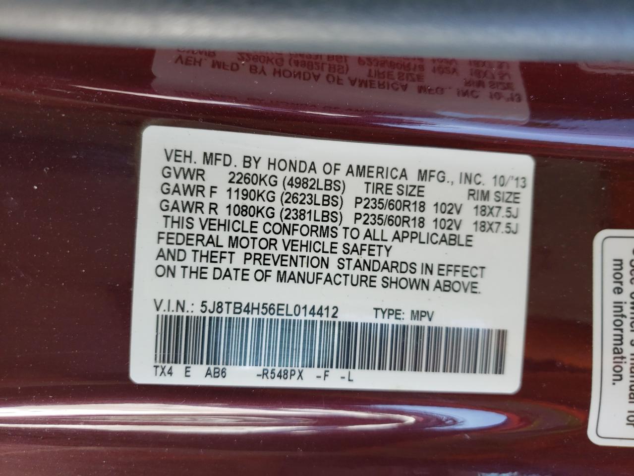 Photo 10 from auction – 2014 ACURA RDX TECHNO with VIN 5J8TB4H56EL014412