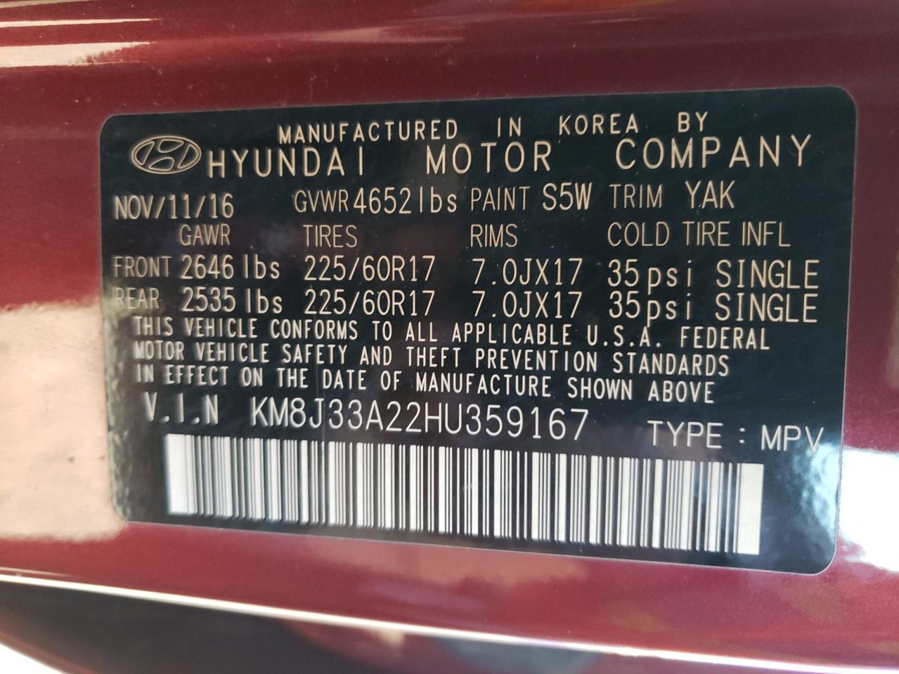 Photo 10 from auction – 2017 HYUNDAI TUCSON with VIN KM8J33A22HU359167