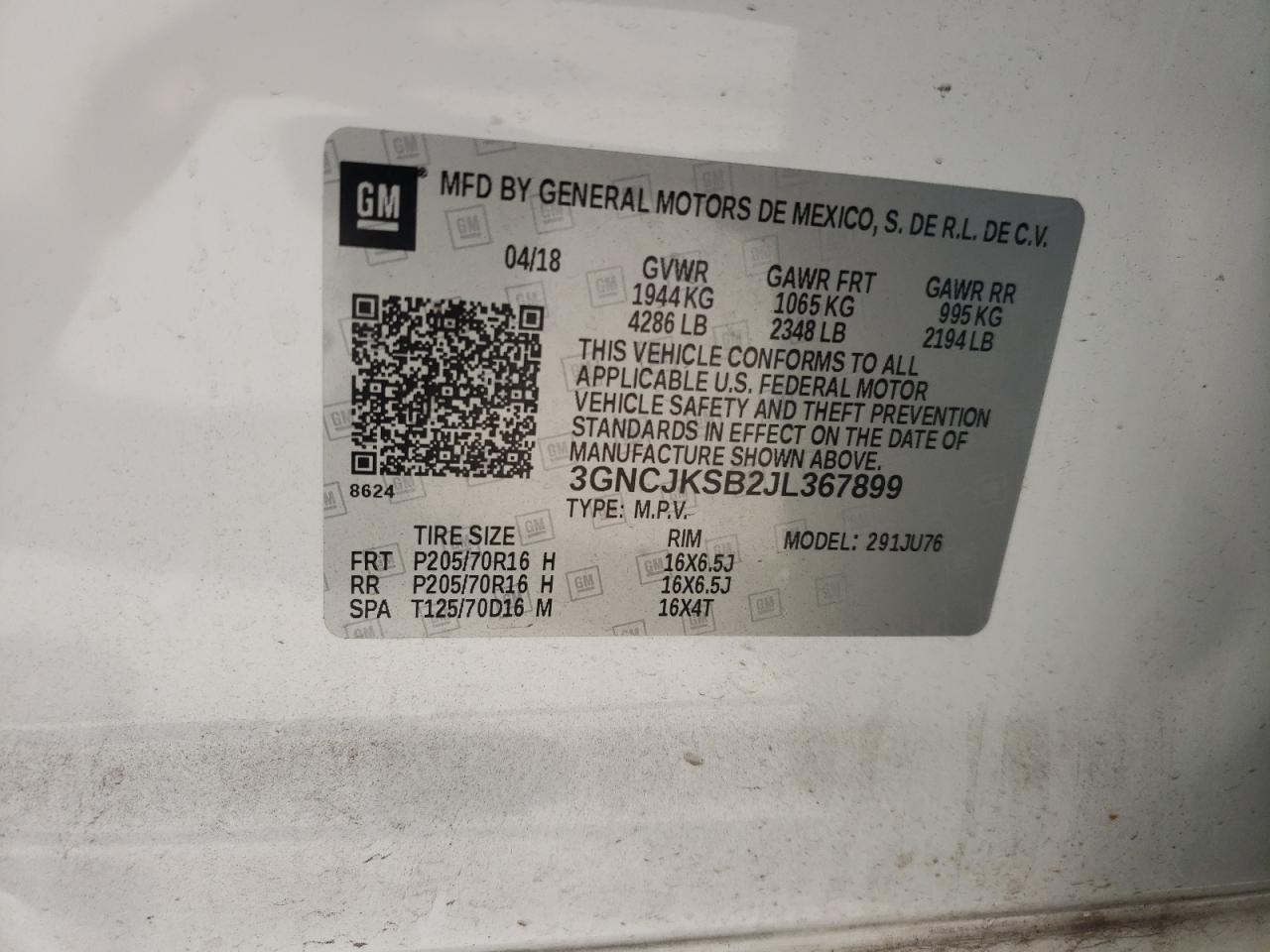 Photo 10 from auction – 2018 CHEVROLET TRAX LS with VIN 3GNCJKSB2JL367899