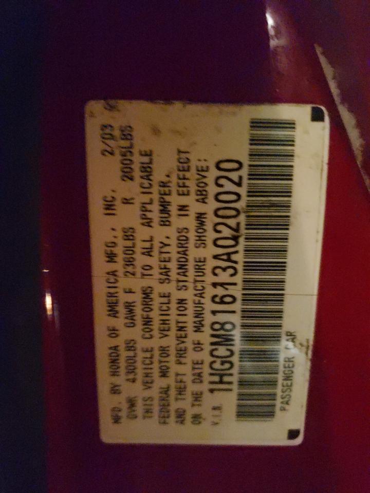 Photo 10 from auction – 2003 HONDA ACCORD EX with VIN 1HGCM81613A020020