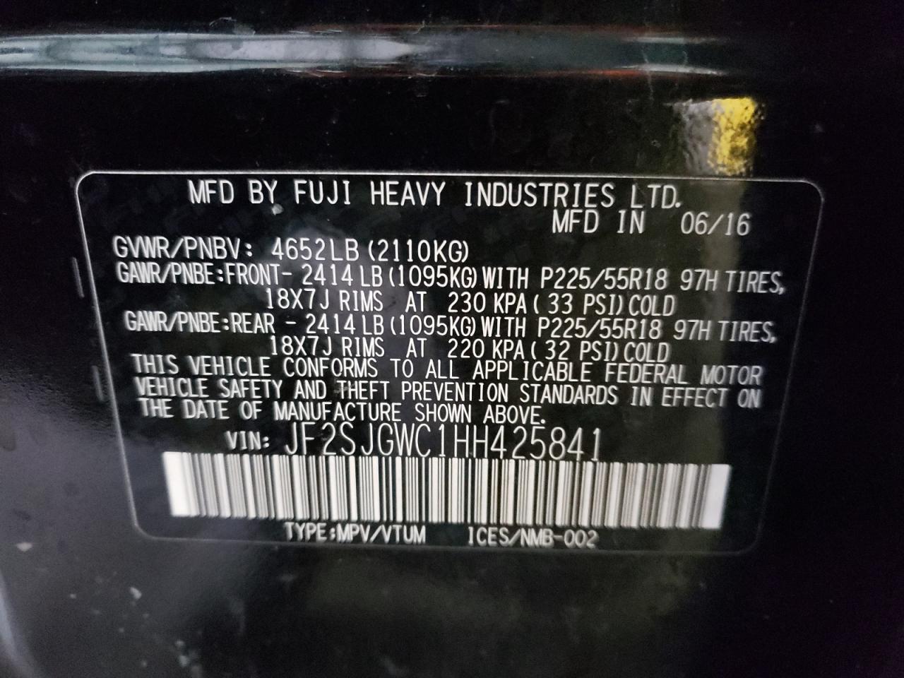 Photo 10 from auction – 2017 SUBARU FORESTER 2 with VIN JF2SJGWC1HH425841