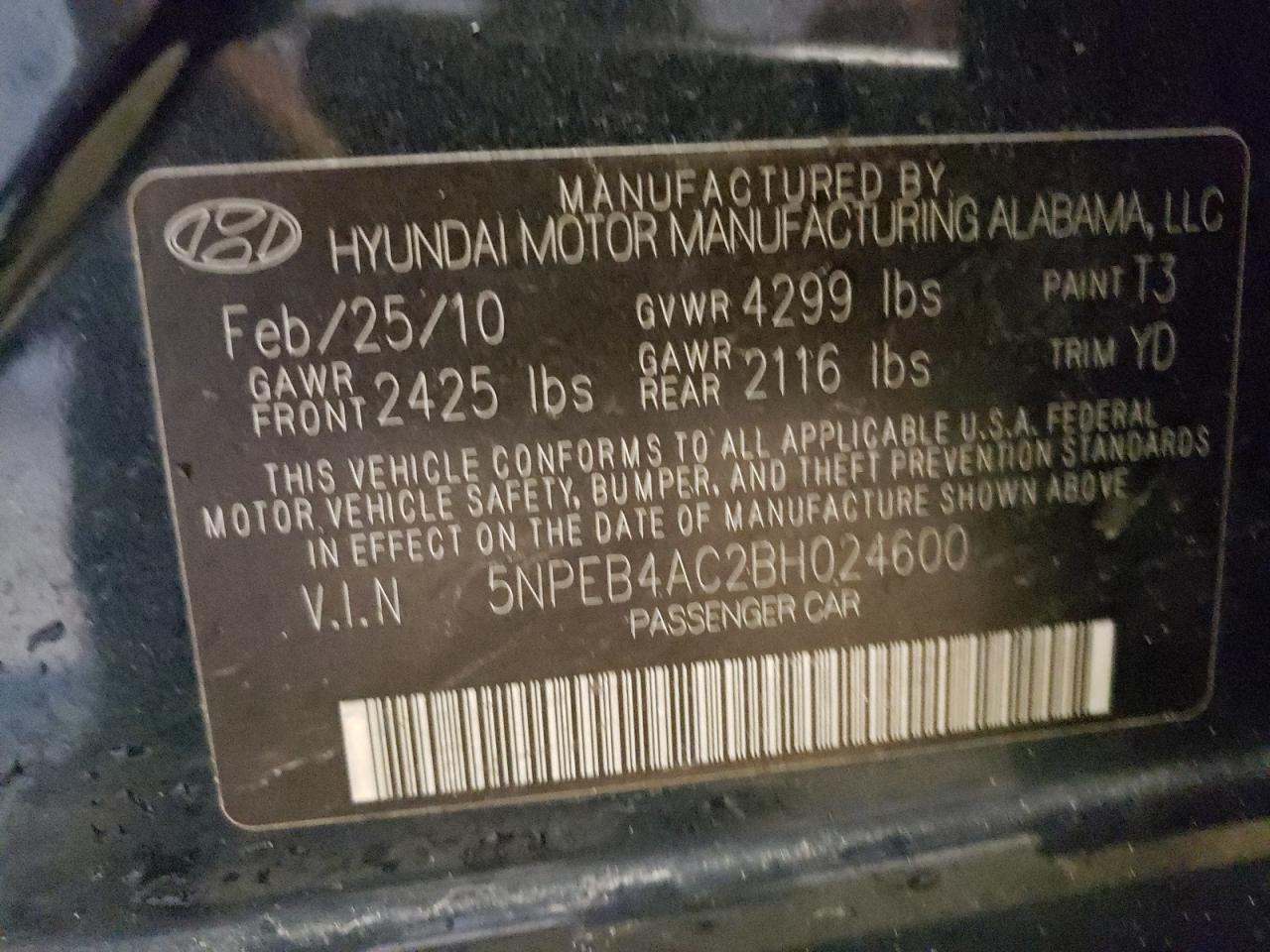 Photo 10 from auction – 2011 HYUNDAI SONATA GLS with VIN 5NPEB4AC2BH024600