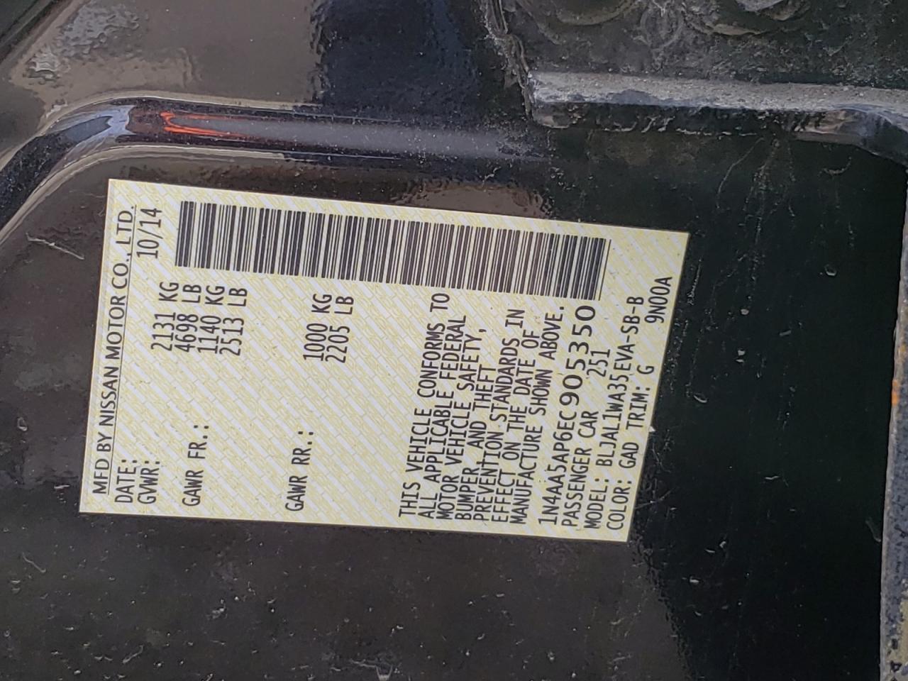 Photo 10 from auction – 2014 NISSAN MAXIMA S with VIN 1N4AA5AP6EC905350