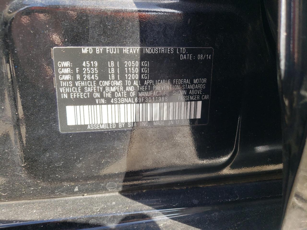 Photo 10 from auction – 2015 SUBARU LEGACY 2.5 with VIN 4S3BNAL69F3011988