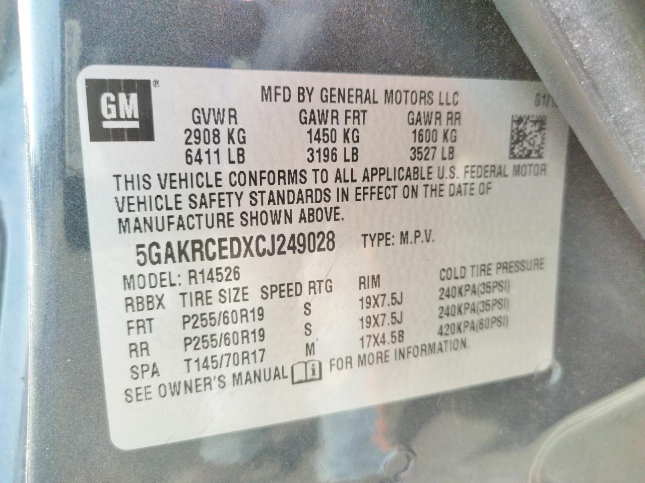 Photo 10 from auction – 2012 BUICK ENCLAVE with VIN 5GAKRCEDXCJ249028