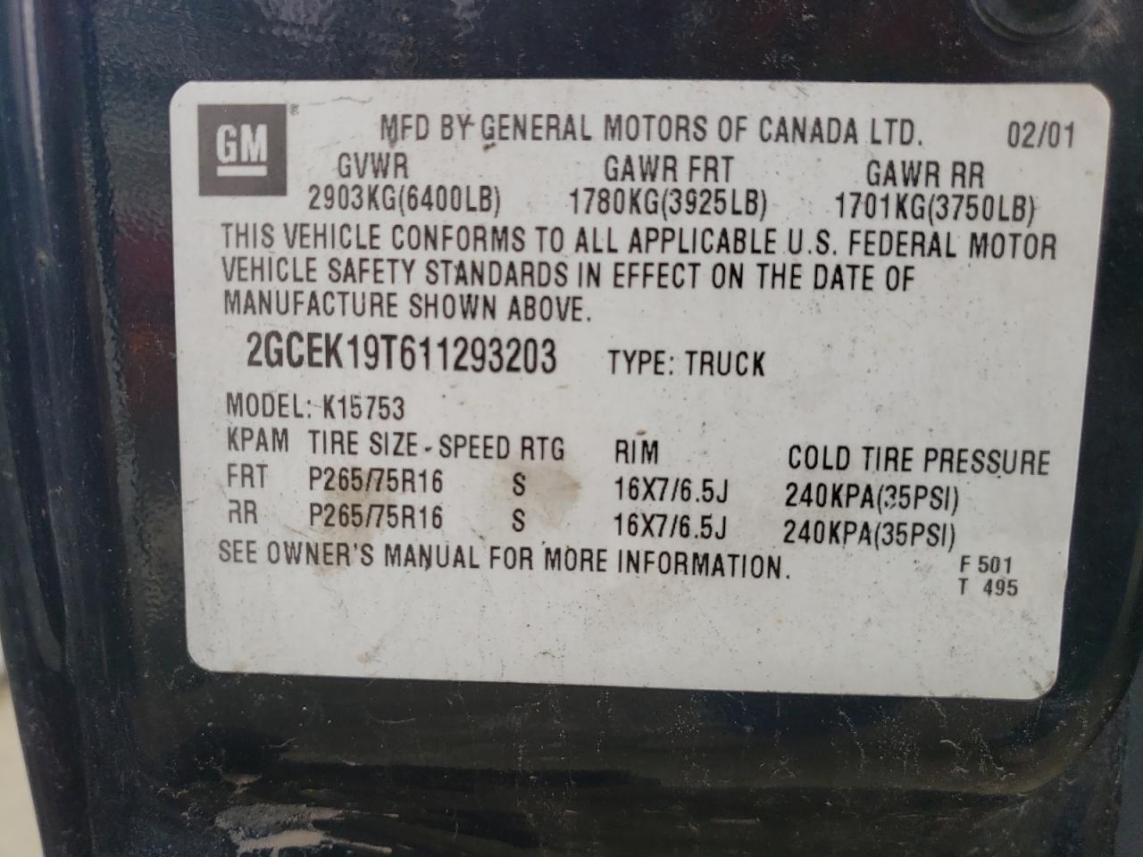 Photo 10 from auction – 2001 CHEVROLET SILVERADO with VIN 2GCEK19T611293203