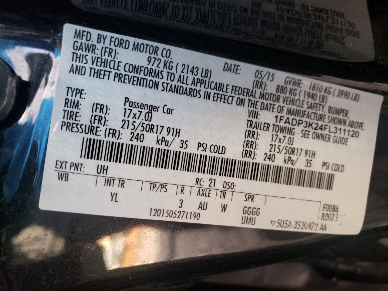 Photo 10 from auction – 2015 FORD FOCUS SE with VIN 1FADP3K24FL311120