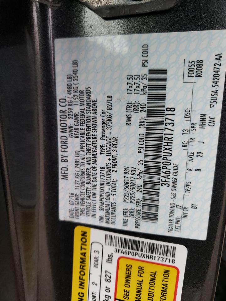 Photo 10 from auction – 2017 FORD FUSION SE with VIN 3FA6P0PUXHR173718