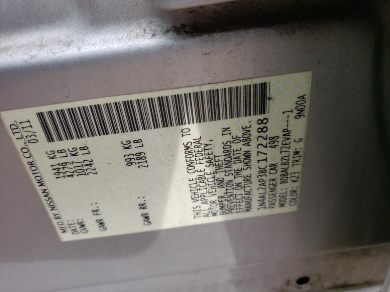 Фото 10 с аукциона – 2011 NISSAN ALTIMA BAS с VIN 1N4AL2AP3BC172288