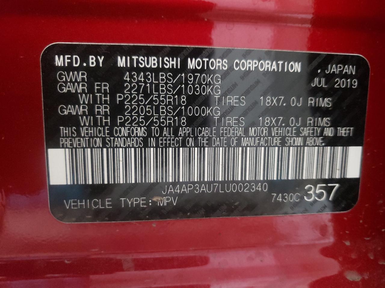 Photo 10 from auction – 2020 MITSUBISHI OUTLANDER with VIN JA4AP3AU7LU002340