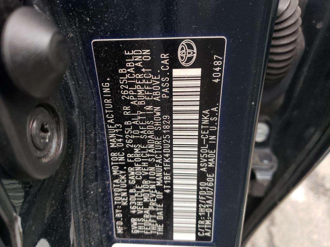 Photo 10 from auction – 2013 TOYOTA CAMRY L with VIN 4T1BF1FK4DU251829