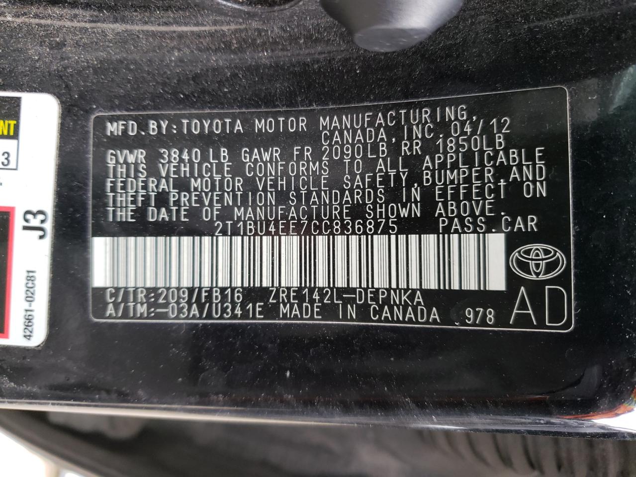 Photo 10 from auction – 2012 TOYOTA COROLLA BA with VIN 2T1BU4EE7CC836875