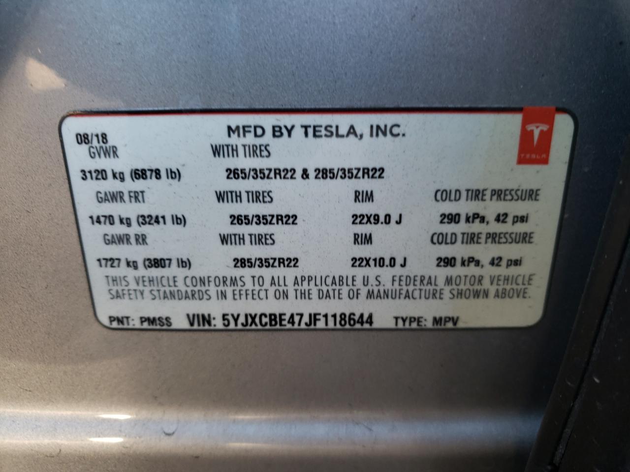 Photo 10 from auction – 2018 TESLA MODEL X with VIN 5YJXCBE47JF118644
