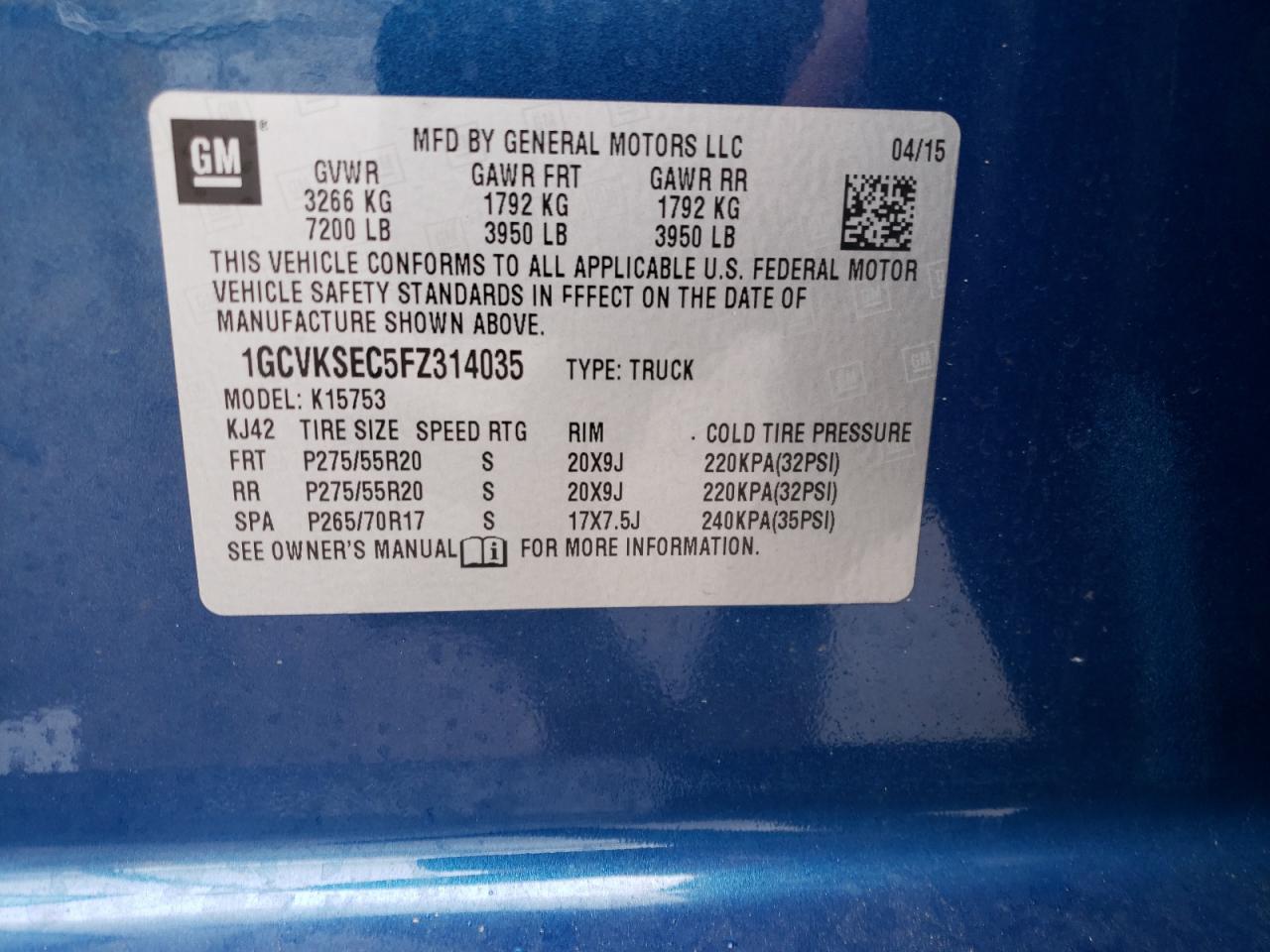 Photo 10 from auction – 2015 CHEVROLET SILVERADO with VIN 1GCVKSEC5FZ314035