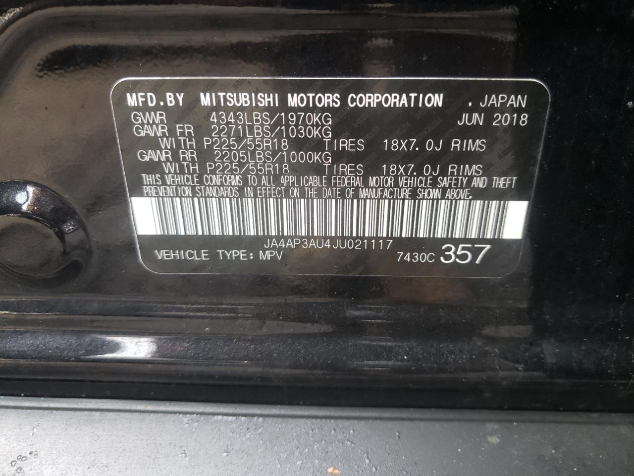 Photo 10 from auction – 2018 MITSUBISHI OUTLANDER with VIN JA4AP3AU4JU021117