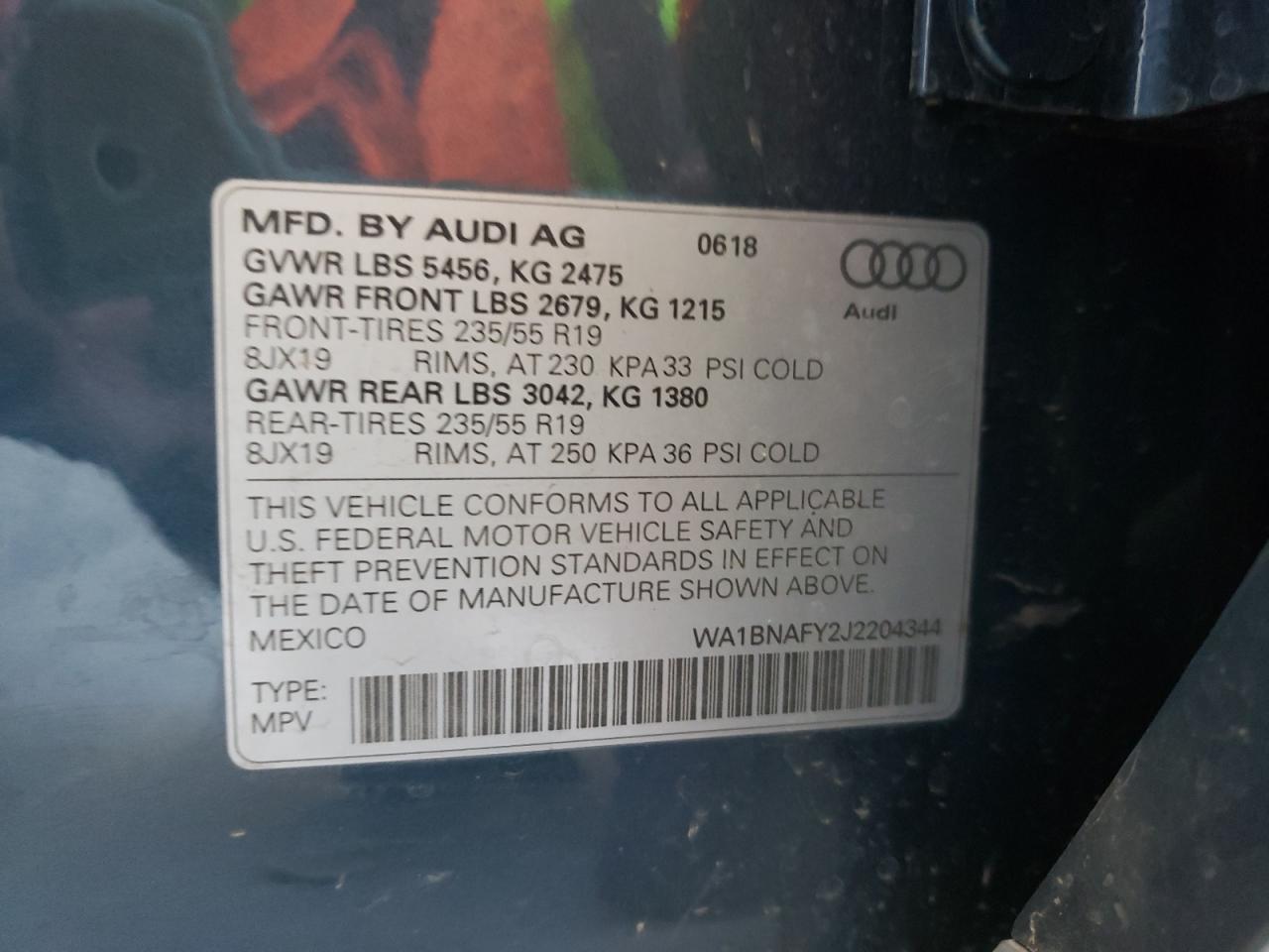 Photo 10 from auction – 2018 AUDI Q5 PREMIUM with VIN WA1BNAFY2J2204344