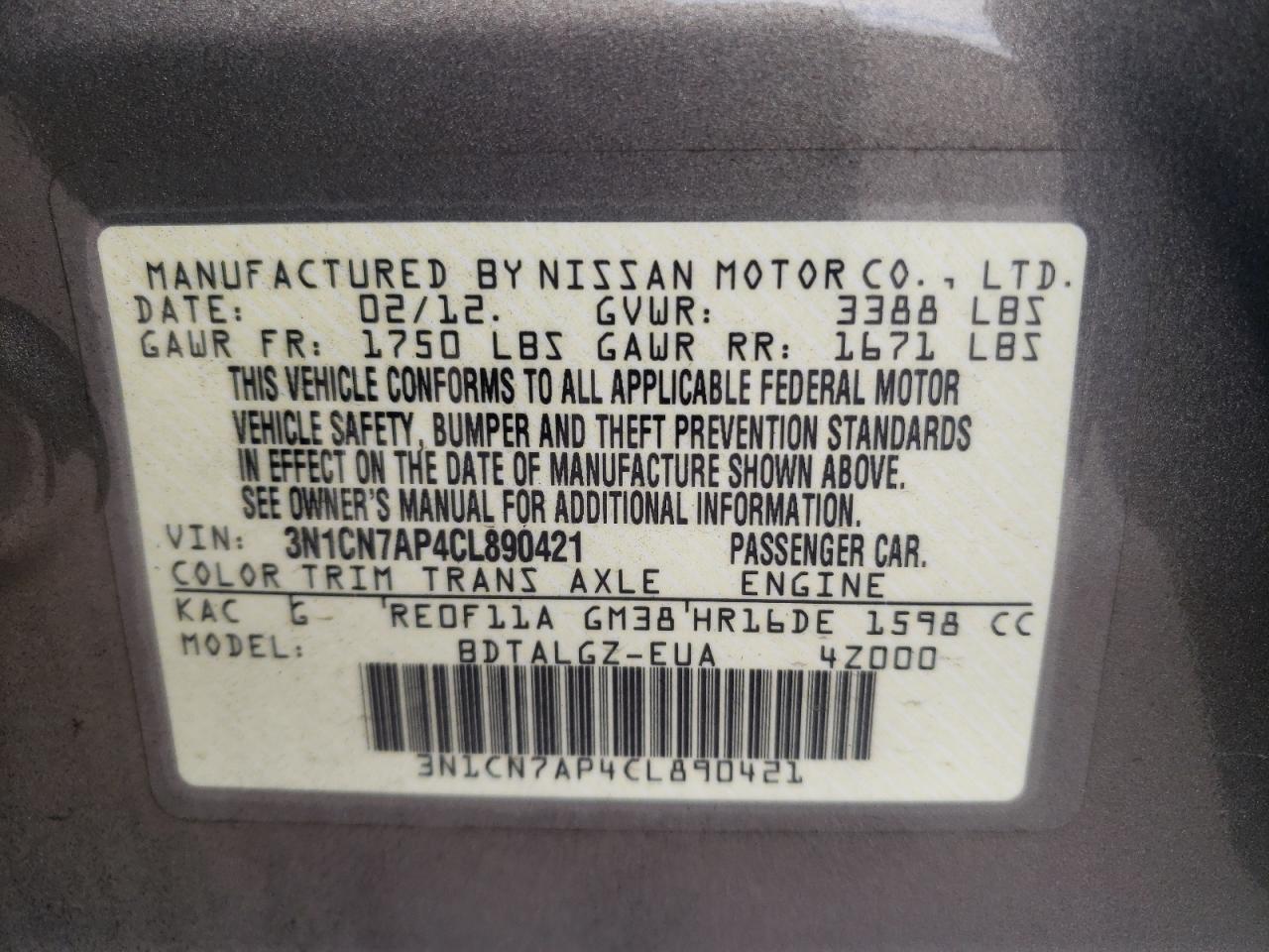 Photo 10 from auction – 2012 NISSAN VERSA S with VIN 3N1CN7AP4CL890421