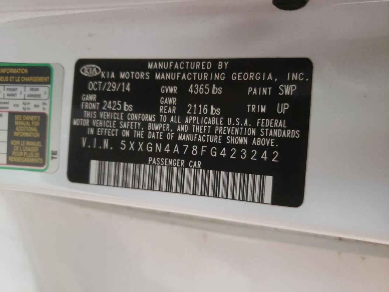 Zdjęcie 10 z aukcji – 2015 KIA OPTIMA EX z VIN 5XXGN4A78FG423242