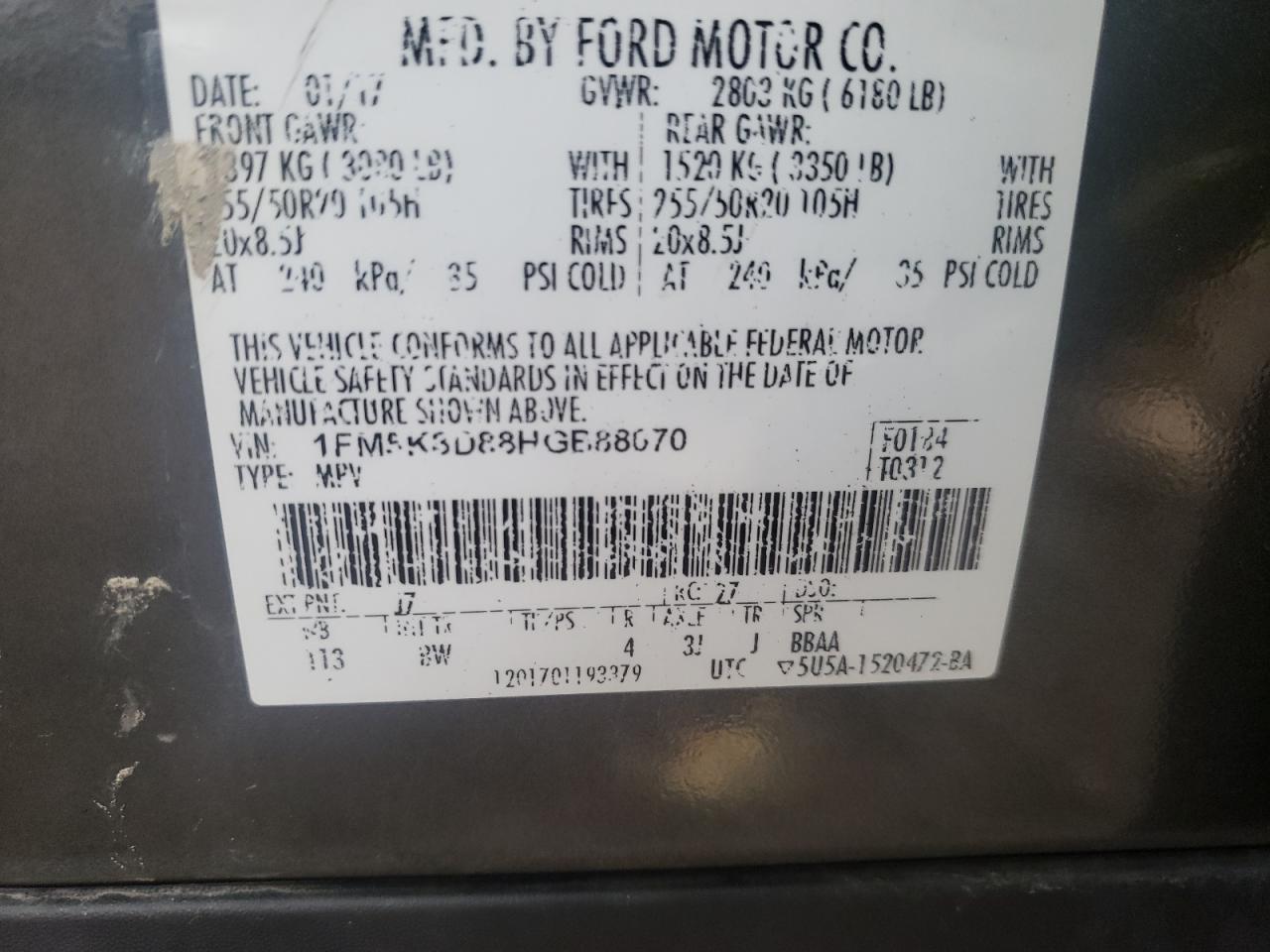Photo 10 from auction – 2017 FORD EXPLORER X with VIN 1FM5K8D88HGB88070
