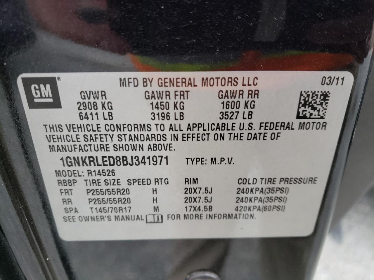 Photo 10 from auction – 2011 CHEVROLET TRAVERSE L with VIN 1GNKRLED8BJ341971