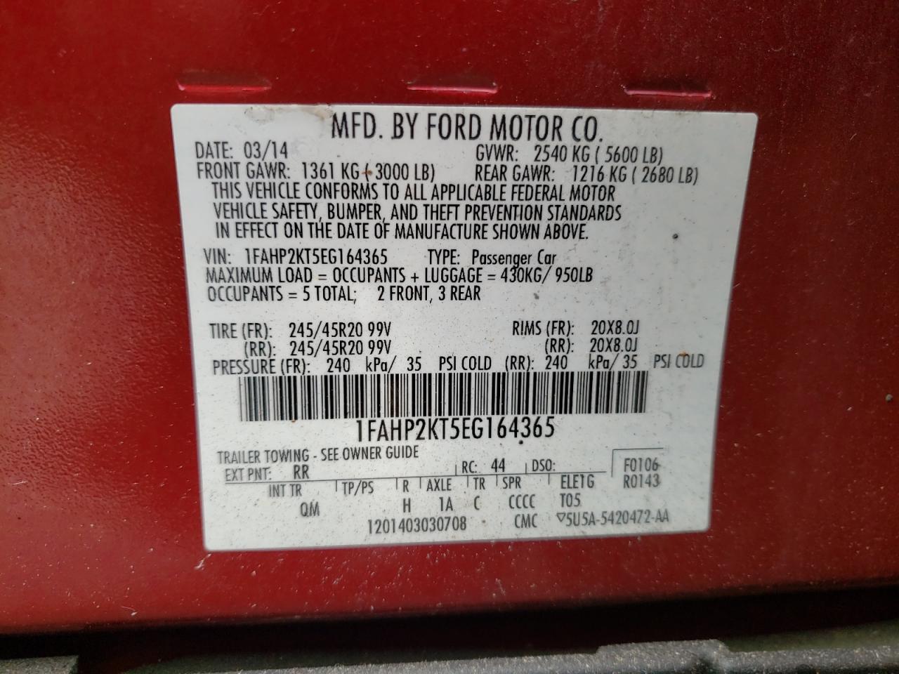Photo 10 from auction – 2014 FORD TAURUS SHO with VIN 1FAHP2KT5EG164365