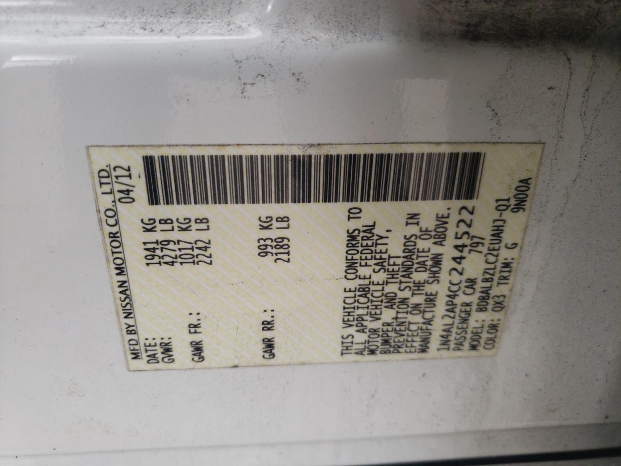 Photo 10 from auction – 2012 NISSAN ALTIMA BAS with VIN 1N4AL2AP4CC244522