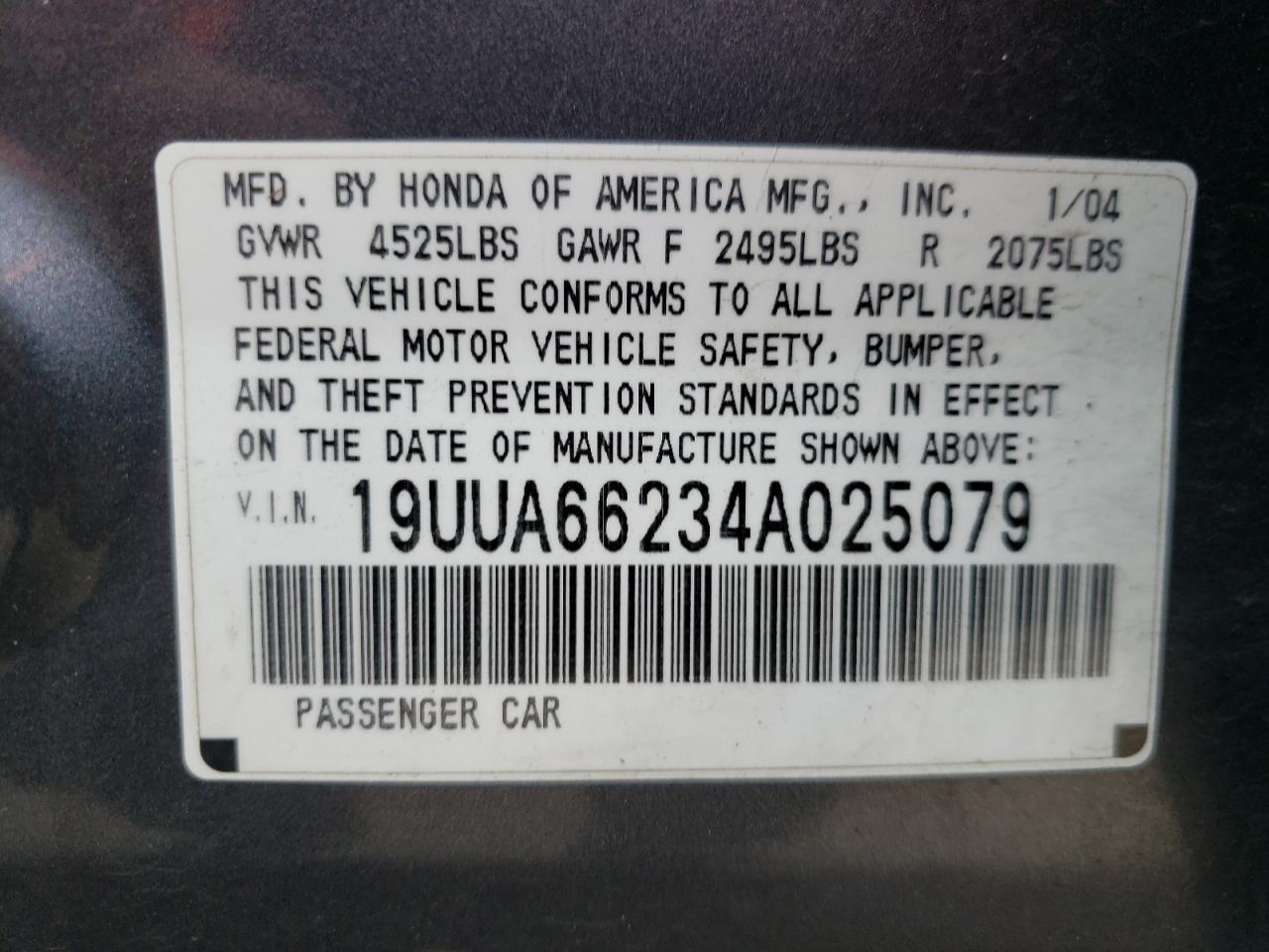 Photo 10 from auction – 2004 ACURA TL with VIN 19UUA66234A025079